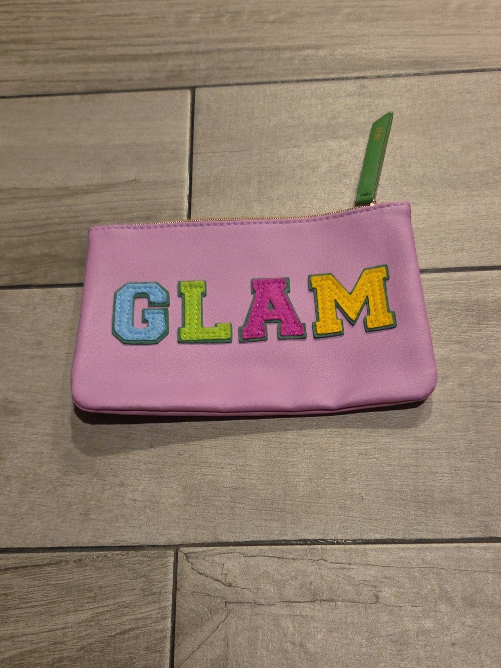 🥠ipsy Pink 'GLAM' Appliqué Cosmetic Bag with Green Zip Pull